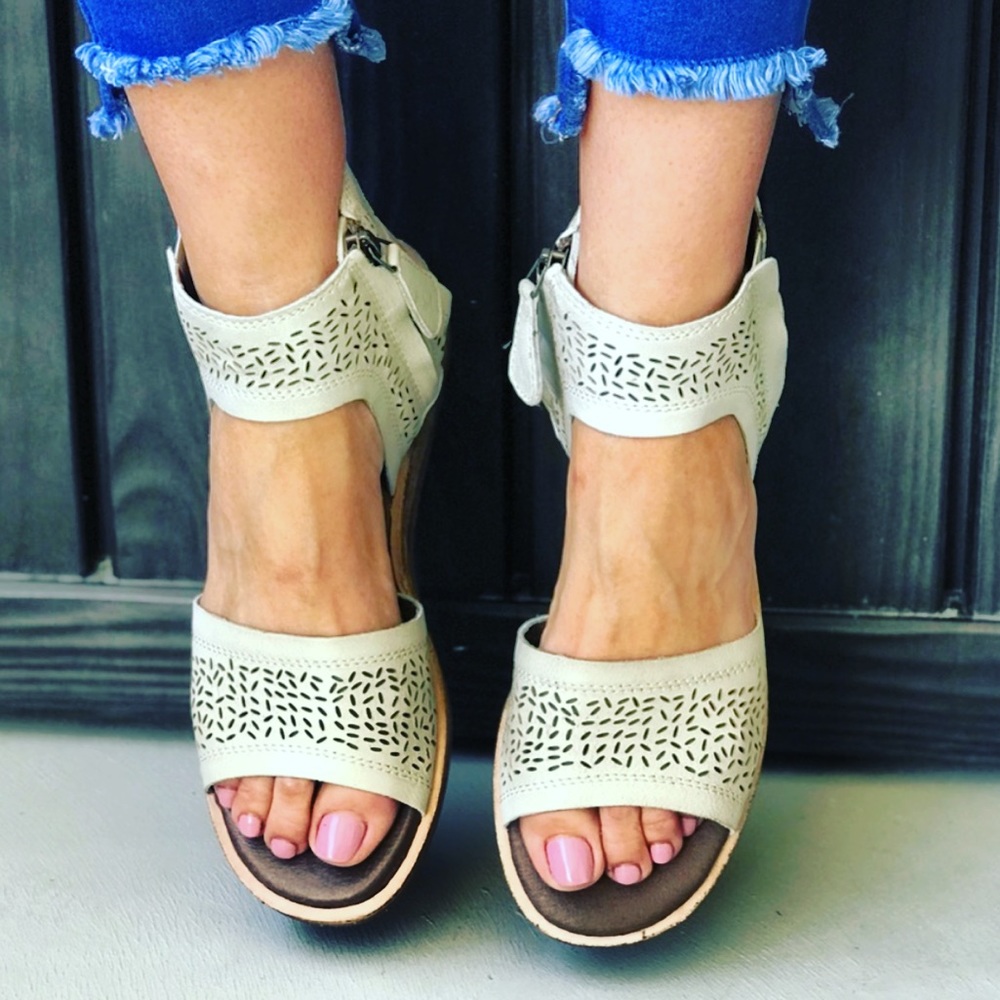 Full Grain Leather Perforated Kitten Wedge Sandal - Picture 1 of 5